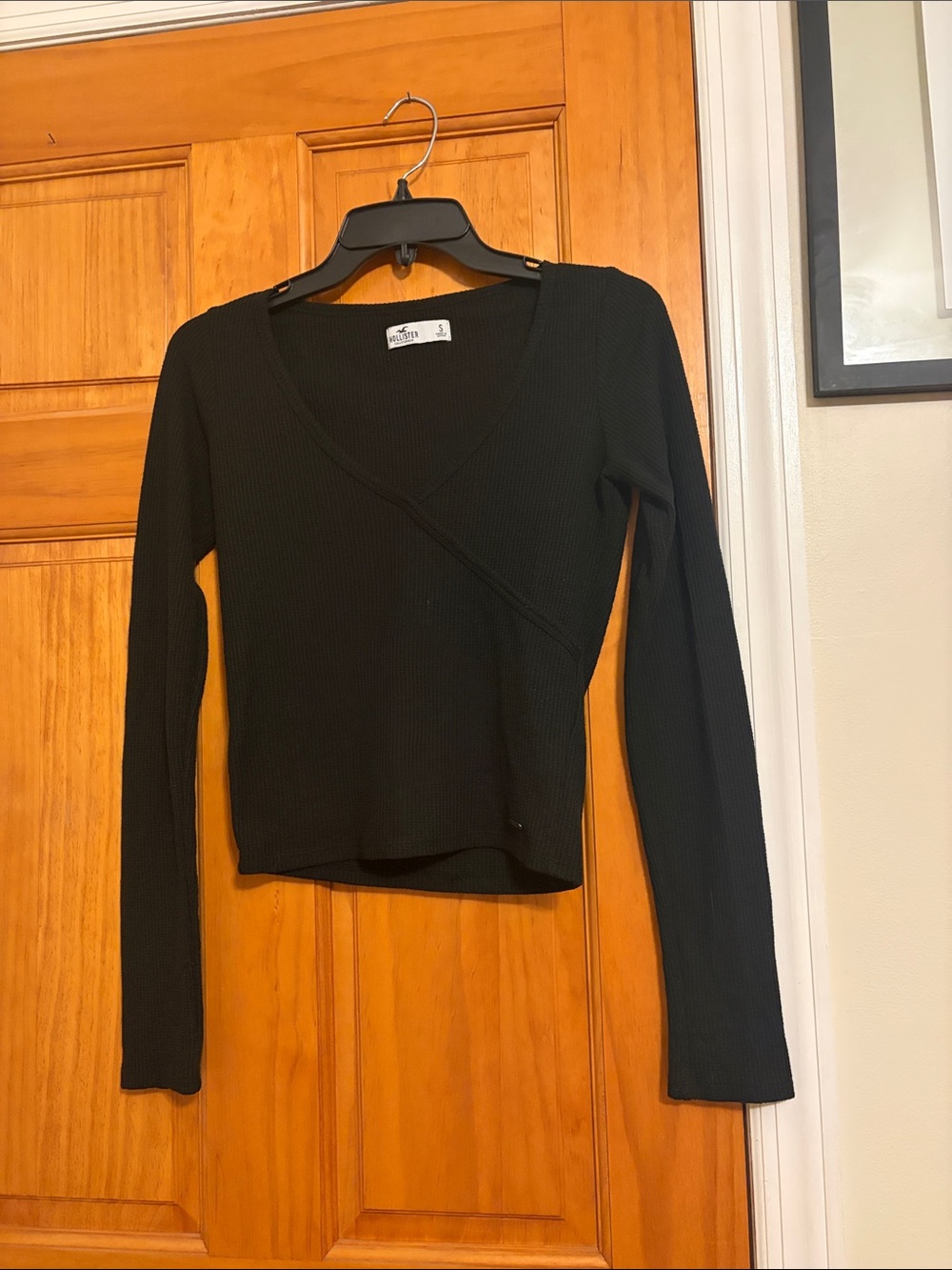 Hollister Black Ribbed Wrap-Style Long Sleeve Top